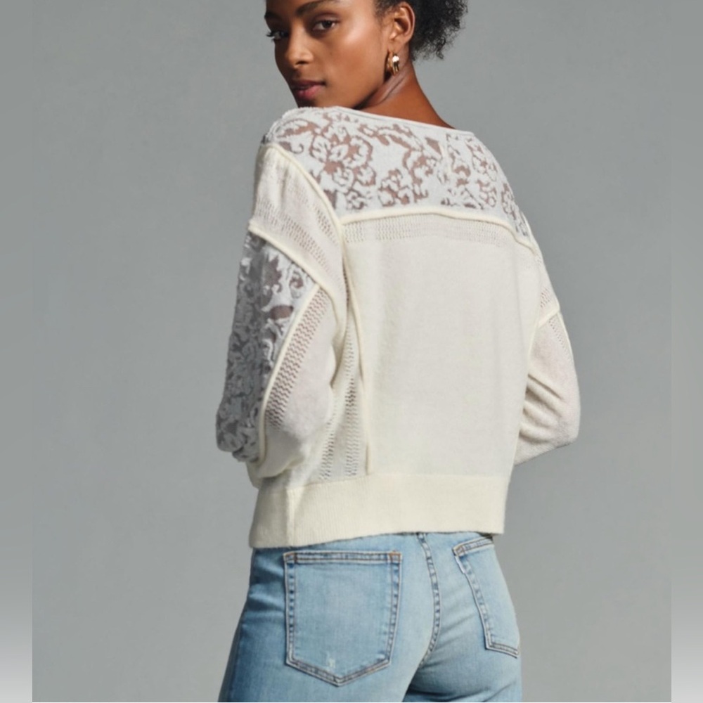 ANTHROPOLOGIE Plus 1X Ivory Pewter Balloon Sleeve Wool Blend Boho Lace Sweater - Picture 5 of 16